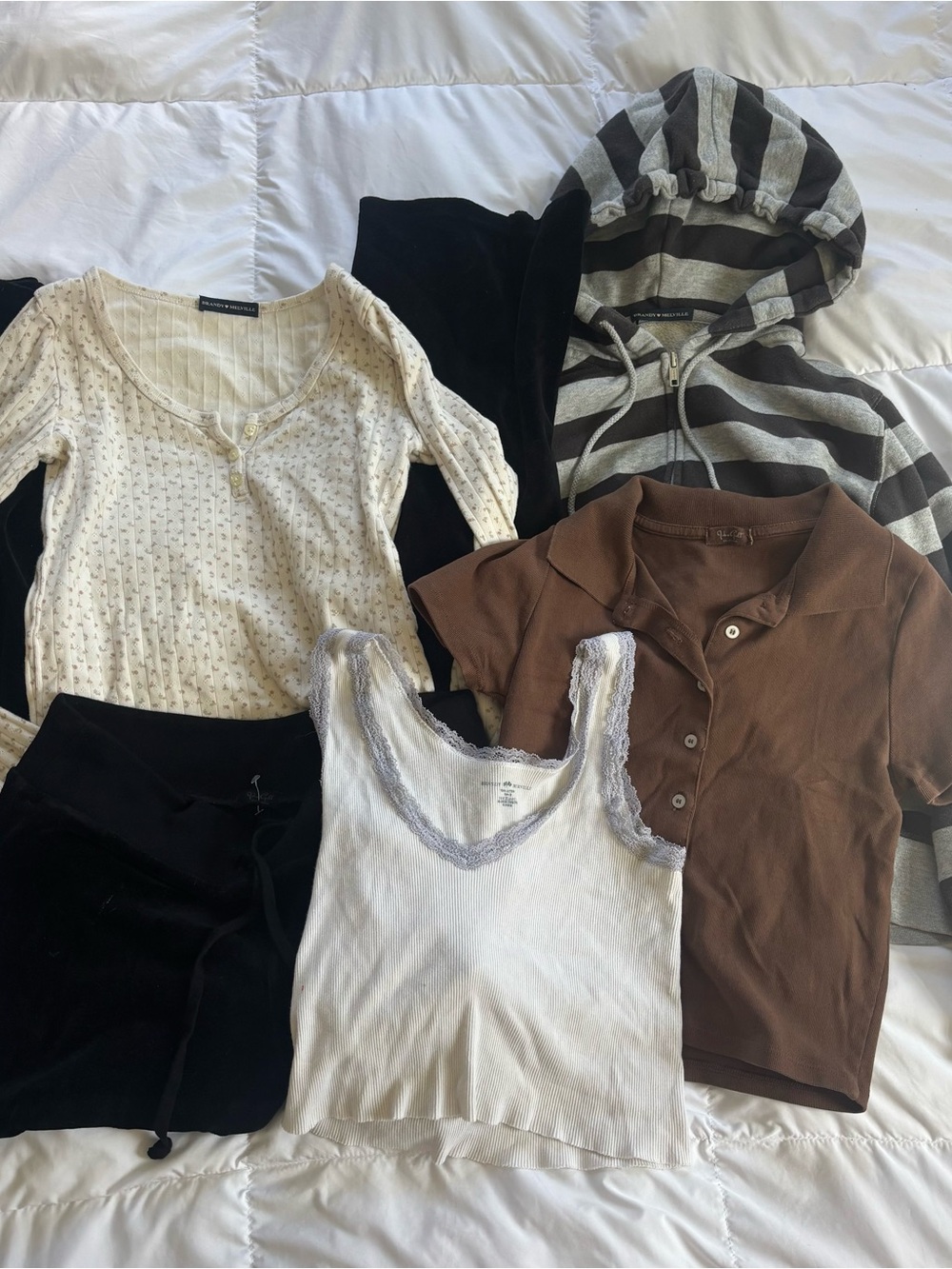 Brandy Melville Bundle - Striped zip up, three tops, and velour flare sweatpants